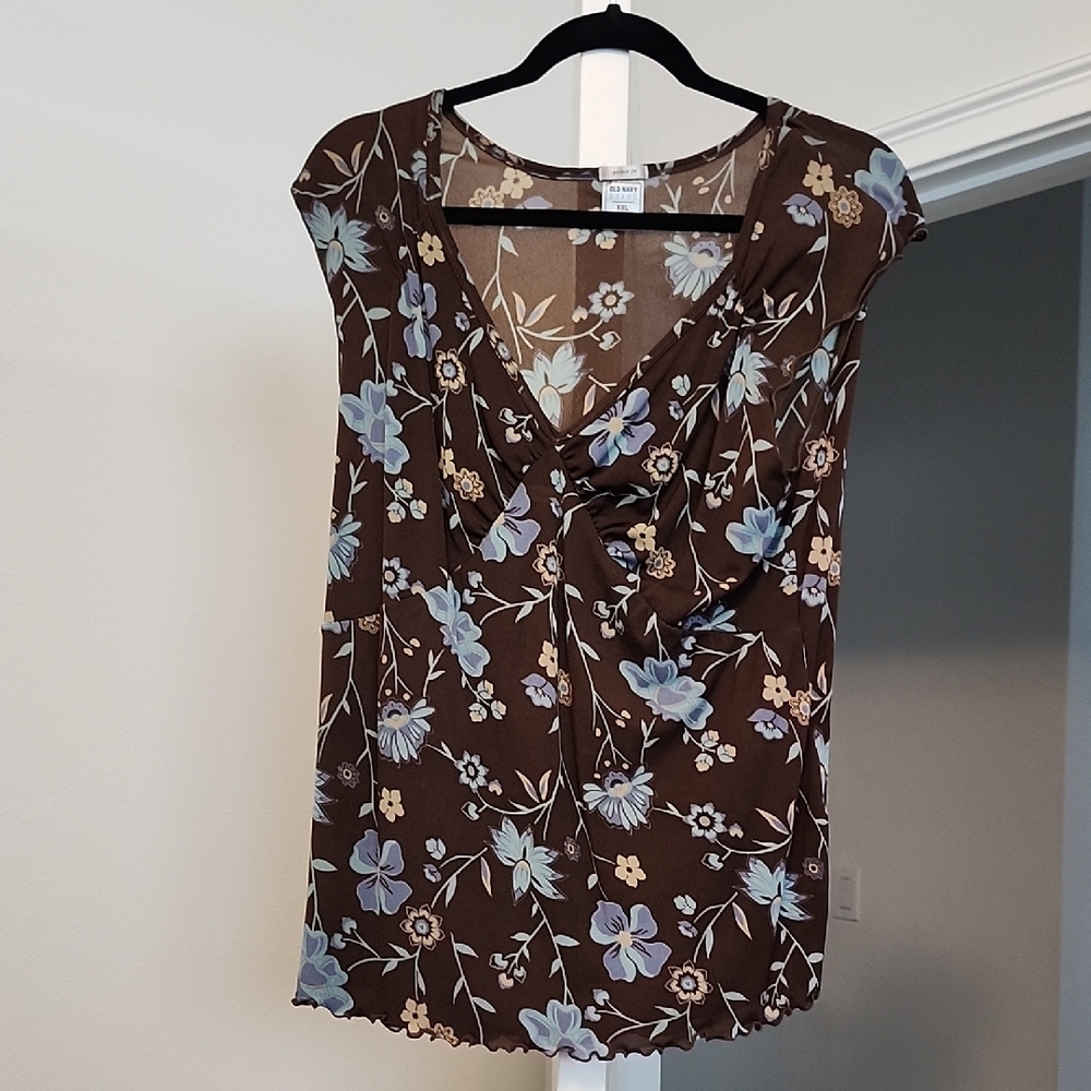 Old Navy Brown Blouse with Blue and Cream Floral Pattern